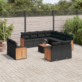 Set de sofás de jardín 12 piezas cojines ratán sintético negro