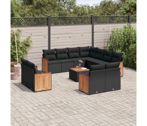 Set de sofás de jardín 12 piezas cojines ratán sintético negro