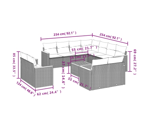 Set de sofás de jardín 12 pzas con cojines ratán sintético gris
