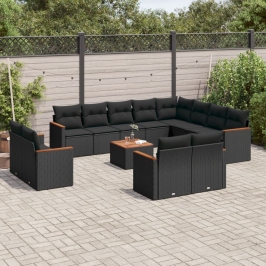 Set de sofás de jardín y cojines 13 pzas ratán sintético negro