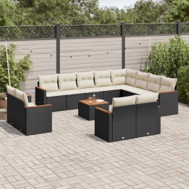 Set de sofás de jardín y cojines 13 pzas ratán sintético negro