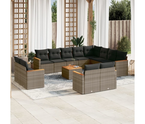 Set sofás de jardín con cojines 13 piezas ratán sintético gris
