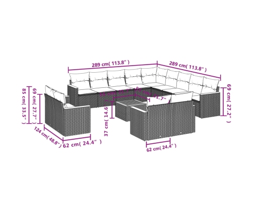 Set de sofás de jardín 14 pzas con cojines ratán sintético gris