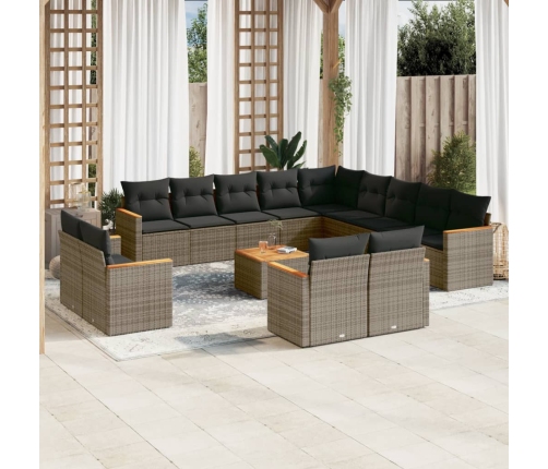 Set de sofás de jardín 14 pzas con cojines ratán sintético gris