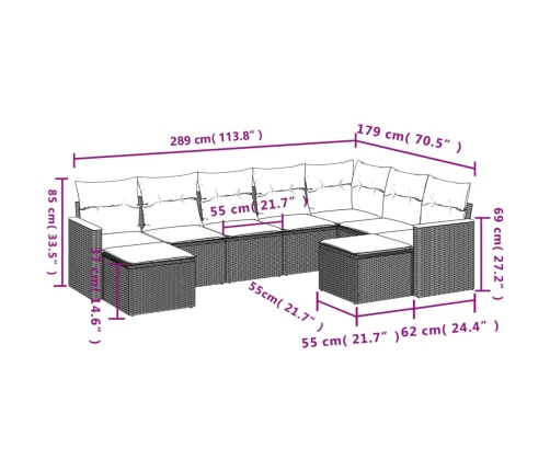 Set de sofás de jardín 9 pzas con cojines ratán sintético beige