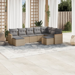 Juego de sofás jardín con cojines beige mezcla 9 pzas ratán PE