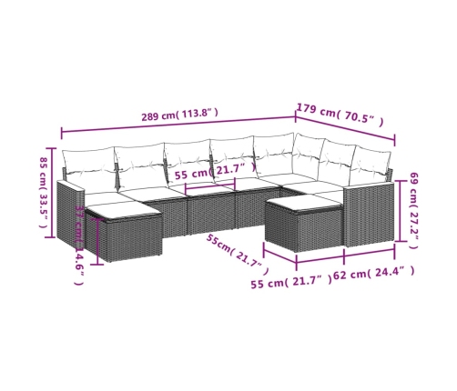 Set de muebles de jardín 9 pzas y cojines ratán sintético gris