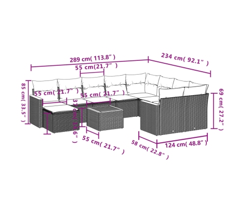Set de sofás de jardín 11pzas con cojines ratán sintético beige