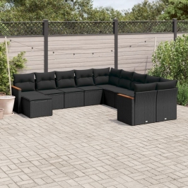 Set de sofás de jardín 11 pzas y cojines ratán sintético negro