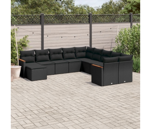Set de sofás de jardín 11 pzas y cojines ratán sintético negro