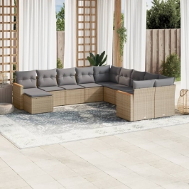 Juego de sofás jardín con cojines beige mezcla 11 pzas ratán PE