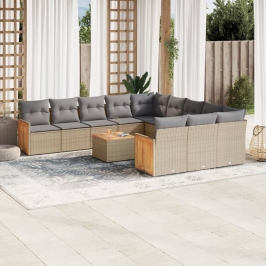 Juego de sofás jardín con cojines beige mezcla 13 pzas ratán PE