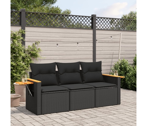 Set de sofás de jardín con cojines 3 pzas ratán sintético negro