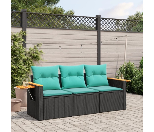 Set de sofás de jardín con cojines 3 pzas ratán sintético negro