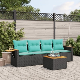 Set de sofás de jardín 5 pzas con cojines ratán sintético negro