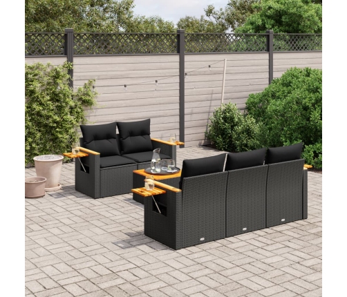 Set de sofás de jardín 6 piezas y cojines ratán sintético negro