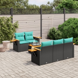 Set de sofás de jardín 6 pzas con cojines ratán sintético negro