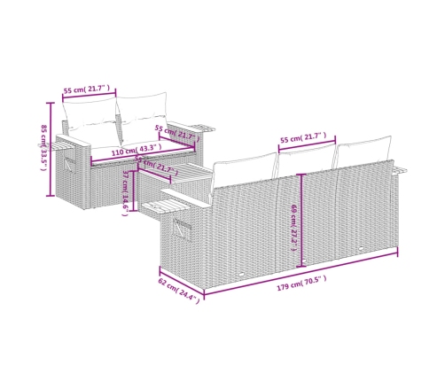 Set de muebles de jardín 6 pzas y cojines ratán sintético gris