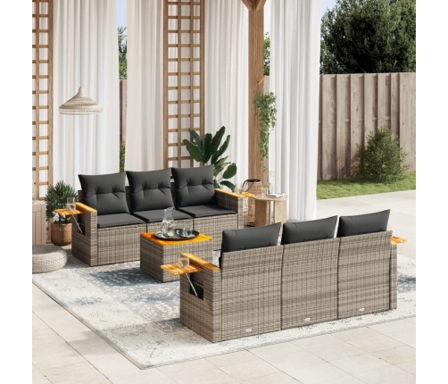 Set de sofás de jardín 7 piezas con cojines ratán PE gris