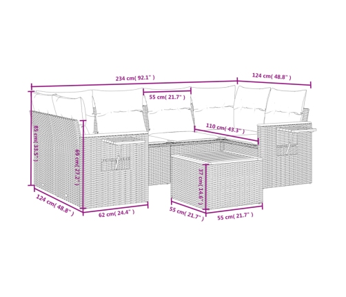 Set de comedor de jardín 7 pzas y cojines ratán sintético negro