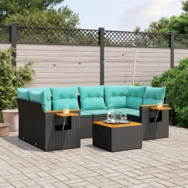 Set de sofás de jardín 7 pzas con cojines ratán sintético negro