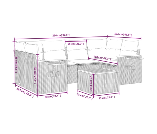 Set sofás de jardín 7 piezas y cojines ratán sintético beige