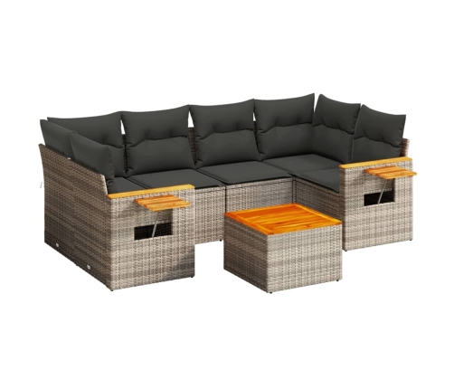 Set de sofás de jardín 7 piezas con cojines ratán PE gris