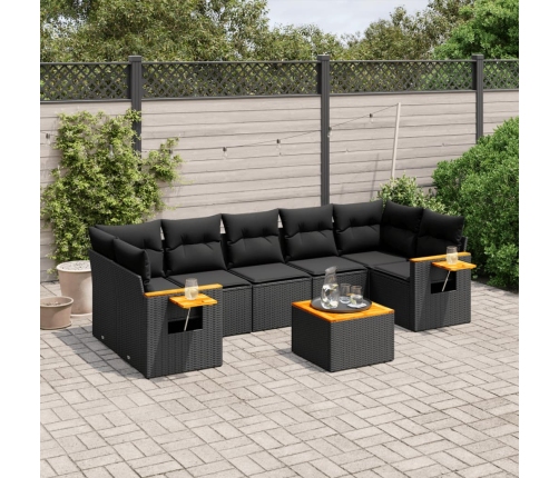 Set de sofás de jardín 8 piezas y cojines ratán sintético negro