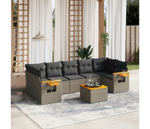Set de sofás de jardín 8 pzas y cojines ratán sintético gris