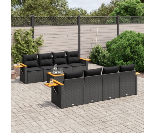 Set de sofás de jardín 8 piezas y cojines ratán sintético negro