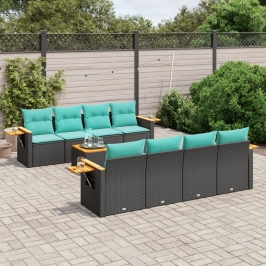 Set de sofás de jardín 9 pzas con cojines ratán sintético negro