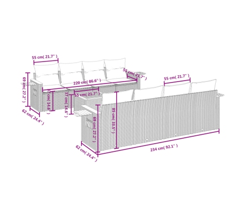 Set de sofás de jardín 9 pzas con cojines ratán sintético beige