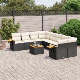 Set de sofás de jardín 8 piezas y cojines ratán sintético negro