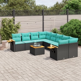 Set de sofás de jardín 9 pzas con cojines ratán sintético negro