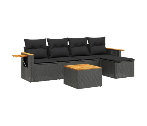 Set de sofás de jardín 6 piezas y cojines ratán sintético negro