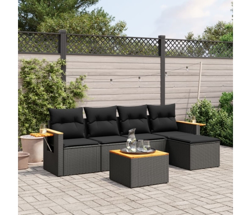 Set de sofás de jardín 6 piezas y cojines ratán sintético negro