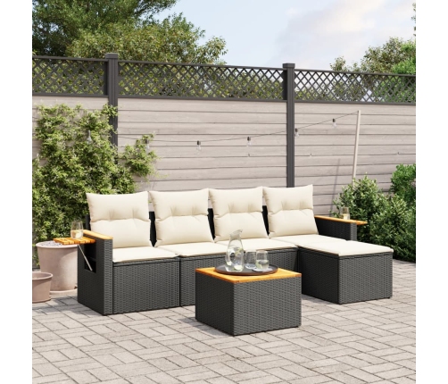 Set de sofás de jardín 6 piezas y cojines ratán sintético negro