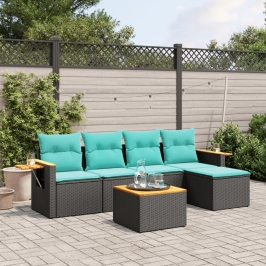 Set de sofás de jardín 6 pzas con cojines ratán sintético negro