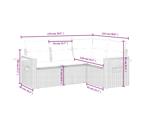 Set de sofás de jardín 4 pzas y cojines ratán sintético gris