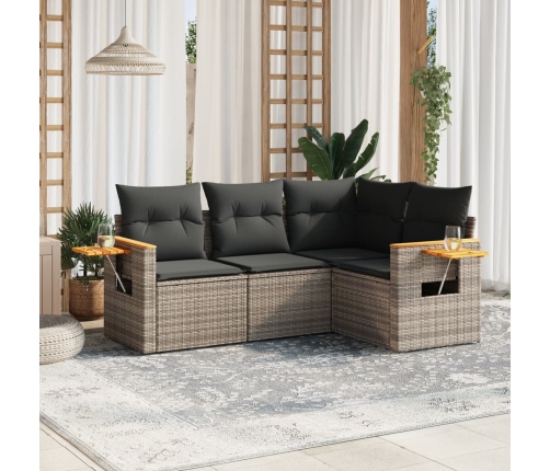 Set de sofás de jardín 4 pzas y cojines ratán sintético gris