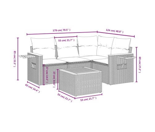 Set de muebles de jardín 5 pzas y cojines ratán sintético negro