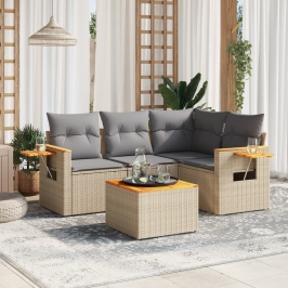 Juego de sofás jardín con cojines 5 pzas ratán sintético beige