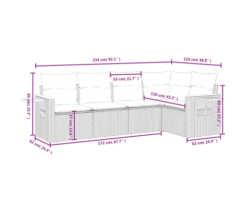 Set de muebles de jardín 5 pzas y cojines ratán sintético negro