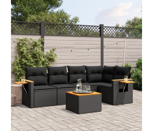 Set de sofás de jardín 6 piezas y cojines ratán sintético negro