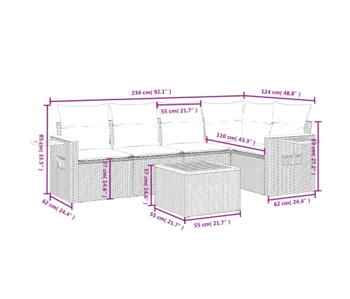 Set de muebles de jardín 6 pzas y cojines ratán sintético gris
