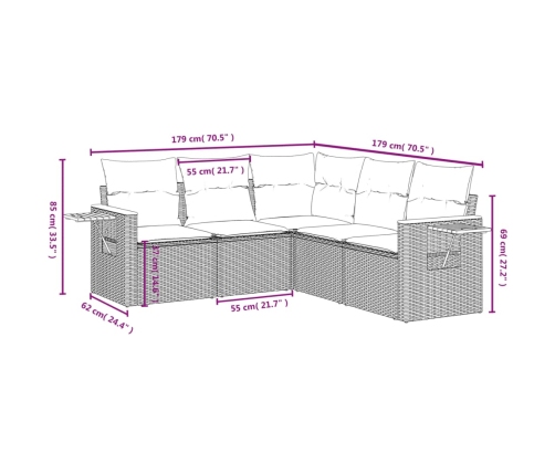 Set de muebles de jardín 5 pzas y cojines ratán sintético negro