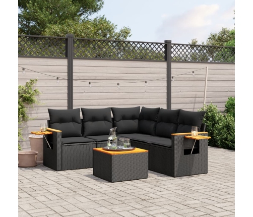 Set de sofás de jardín 6 piezas y cojines ratán sintético negro