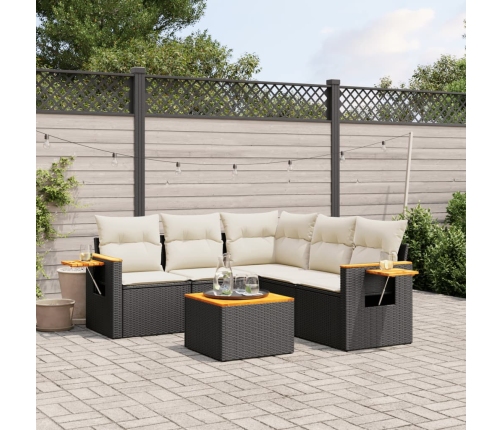Set de sofás de jardín 6 piezas y cojines ratán sintético negro