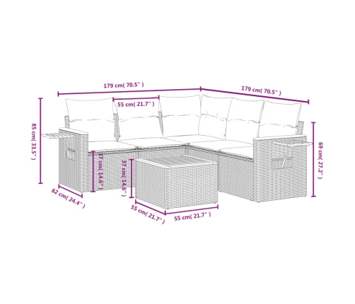 Set de muebles de jardín 6 pzas y cojines ratán sintético gris