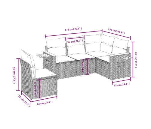 Set de muebles de jardín 5 pzas y cojines ratán sintético negro